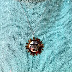 Vintage Taxco Sun Face Pendant Mexico 925 Sterling Silver 20" Chain